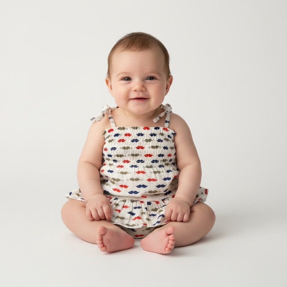 Almirah Baby Girl Smocked Bubble Romper Ruffle Skirt Mustache 6-12M NWT